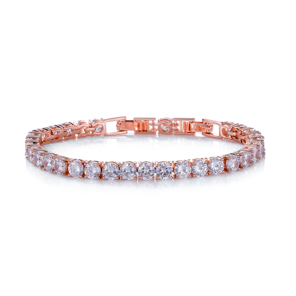 Classic 18ct Rose  Gold Plated Round Clear White Cubic Zirconia CZ Tennis Bracelet - TiaraBleu