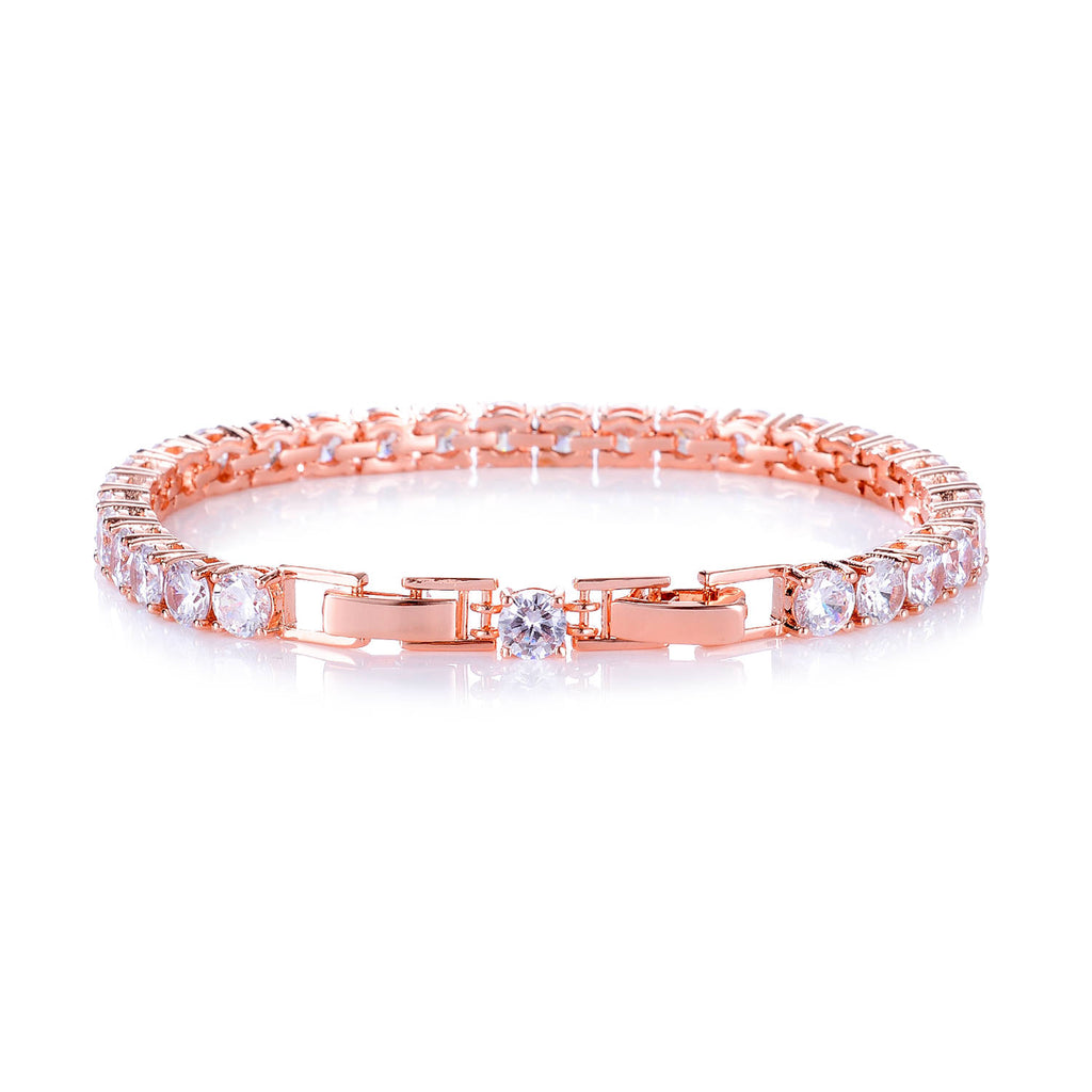 Classic 18ct Rose  Gold Plated Round Clear White Cubic Zirconia CZ Tennis Bracelet - TiaraBleu